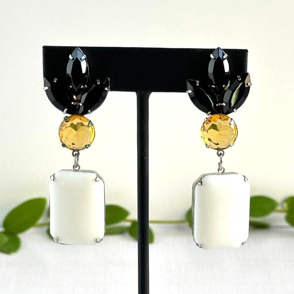 Jewelry - 1990s Clip-On Statement Earrings, Black Navette, Yellow and White Glass Drops